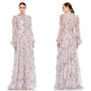 Mac Duggal NWT Ruffle Tiered Puff Sleeve A Line Chiffon Dress Long Sleeve Sz 14